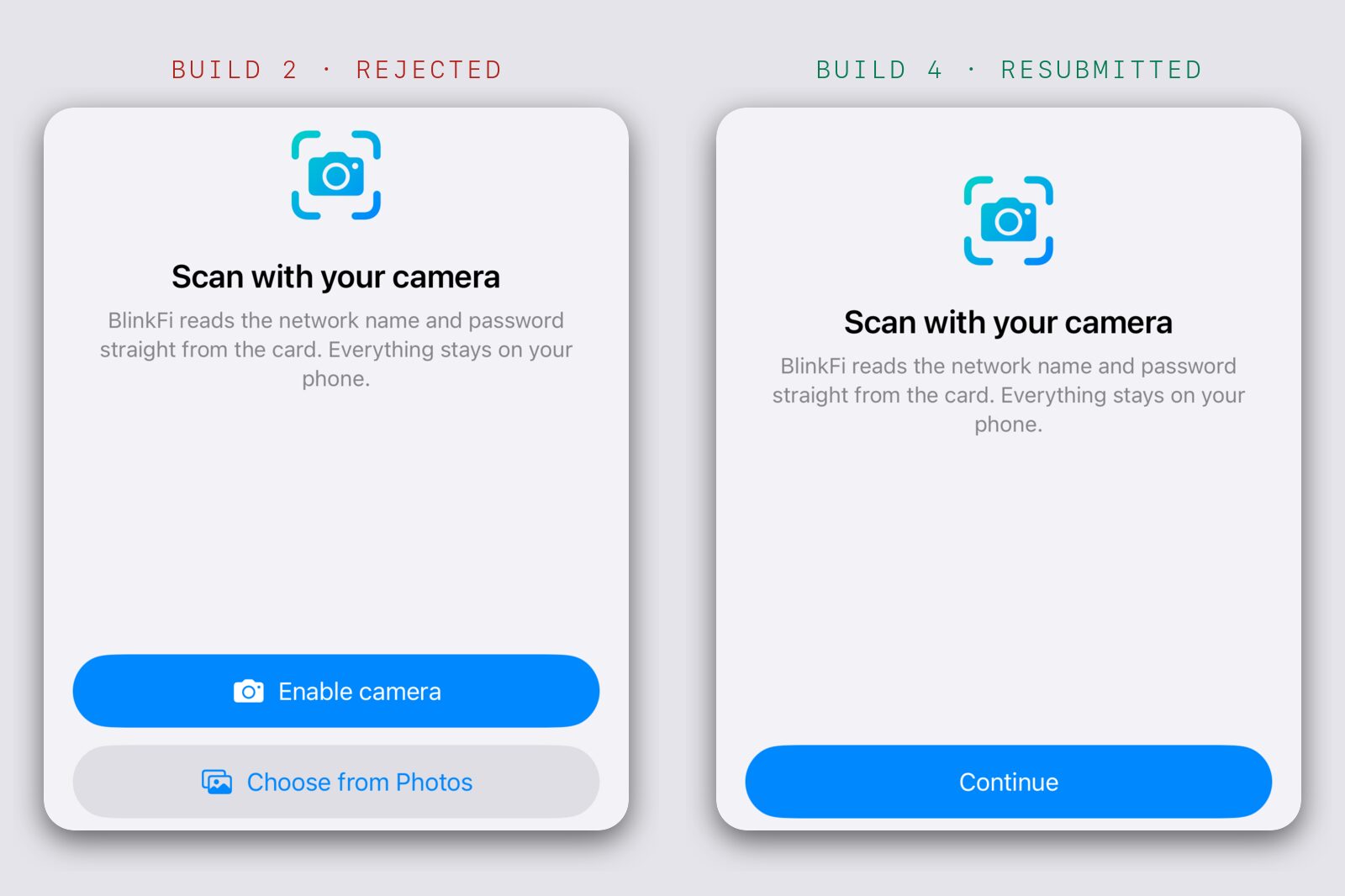 The BlinkFi camera primer before and after. Build 2 has an Enable camera button and a Choose from Photos button. Build 4 has a single Continue button.