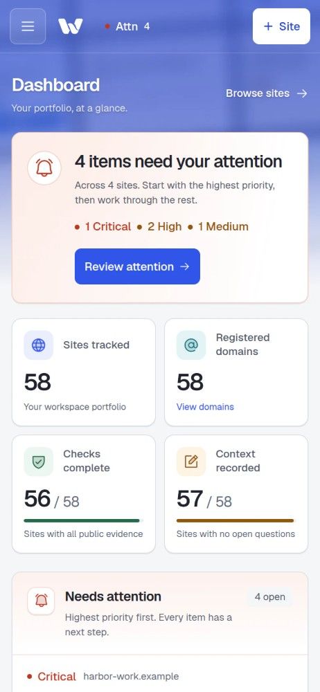 The WebKeeper dashboard on a phone